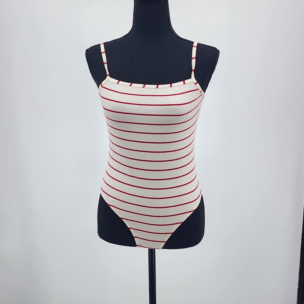 Paige Rebecca Ivory/Cherry Ribbed Thong Bodysuit NWT Size M